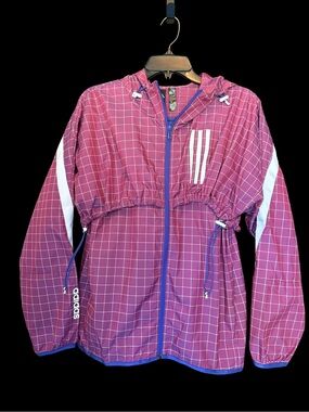 adidas Women’s Pink Grid Hooded Rain Jacket with White Stripes